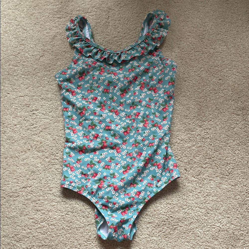 Mini Boden Teal Floral Ruffle One-Piece Swimsuit